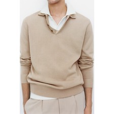 MANGO Long Sleeve Fine Knit Polo Sweater, Main, color, Light Beige