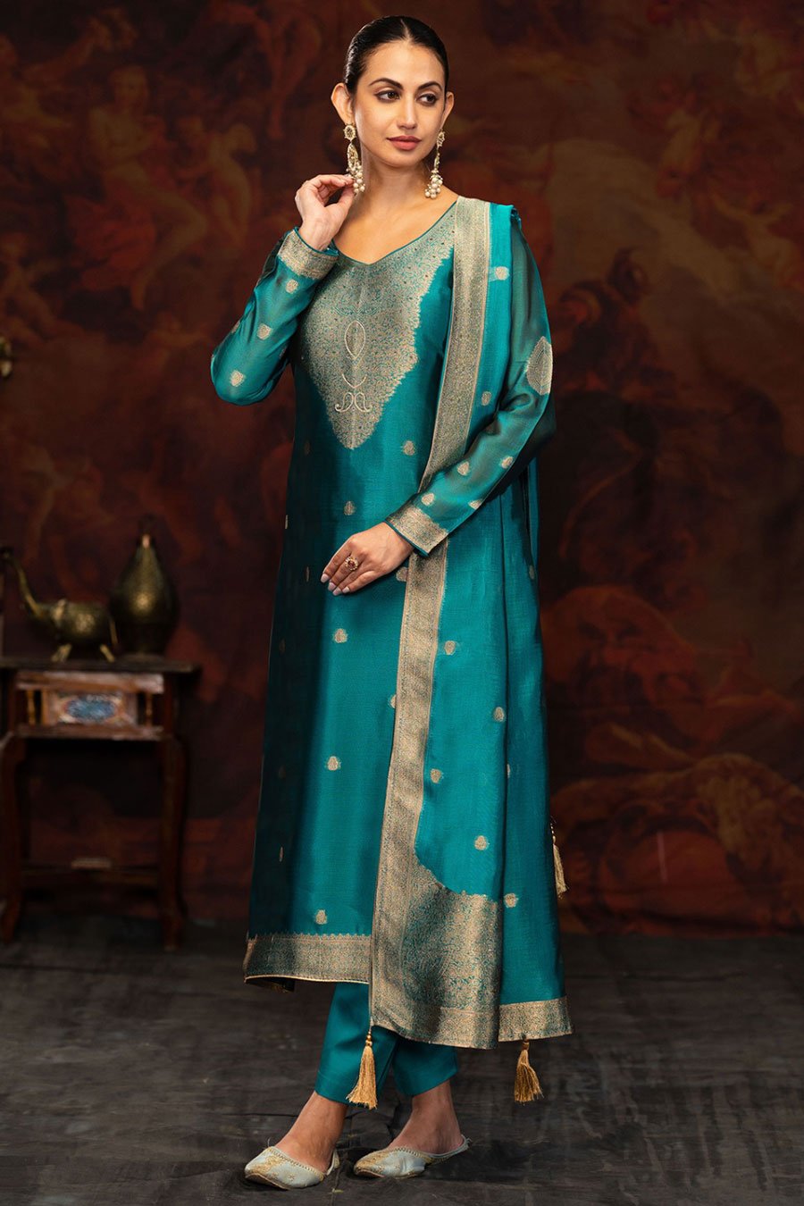 Turquoise Blue Silk Zari Ja...