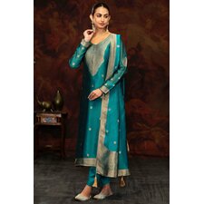 Turquoise Blue Silk Zari Jacquard Kurta Set