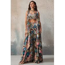 Multicolor Chinon Silk Printed &amp; Embroidered Lehenga Set With Cape