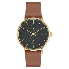 Ted Baker London Recycled Stainless Steel Leather Strap Watch, 41mm, Main, color, Brown