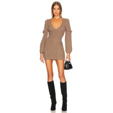 Michael Costello x REVOLVE Malina Deep V Neck Knit Dress in Taupe | REVOLVE