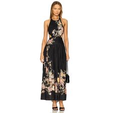 Zimmermann Tallow Halter Midi Dress in Black Multi Floral | REVOLVE