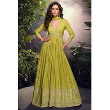 Apple Green Soft jacquard Silk Embroidered Anarkali Dress With Dupatta