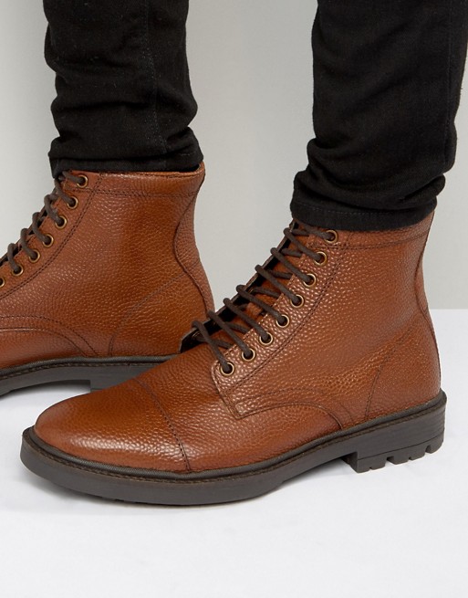Lace Up Boots In Tan Scotchgrain Leather With Toe Cap | Shoplinkz ...