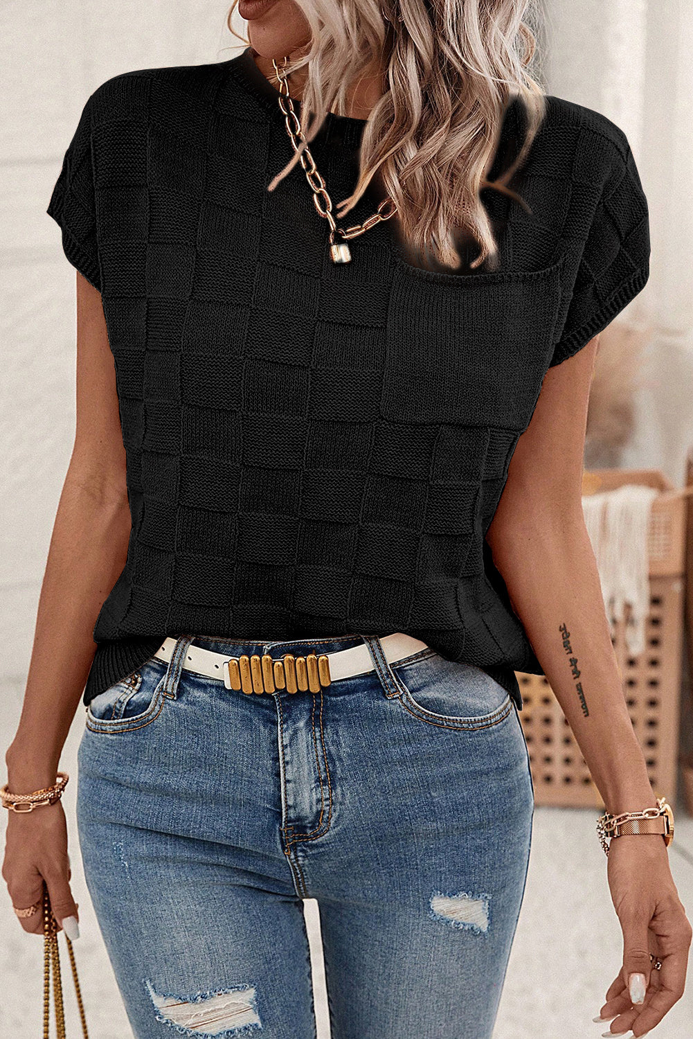 Black Lattice Textured Knit...