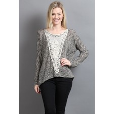 Navy Crochet Trim Hacci Knit Two-Toned Long Sleeve Top