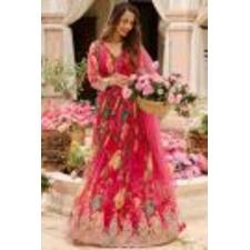 Pinkish Red Georgette Printed &amp; Embroidered Anarkali Dress With Dupatta