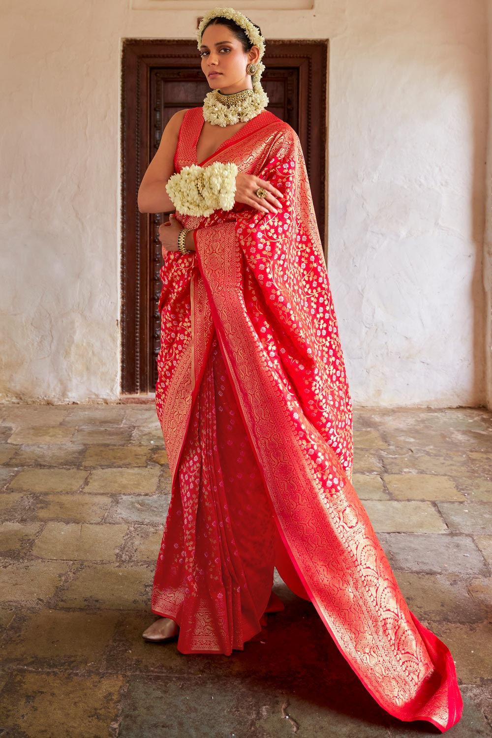 Coral Red Banarasi Silk Zar...