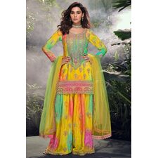 Multicolor Chinon Silk Embroidered &amp; Hand Worked Sharara Kurta Set