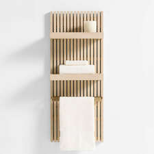 View Batten White Oak Wood 39" Bath Wall Panel with 2 Bath Wall Shelves and 1 Brass Bath Towel Bar - image 1 of 5