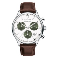 Movado Calendoplan Chronograph Leather Strap Watch, 43mm, Main, color, White