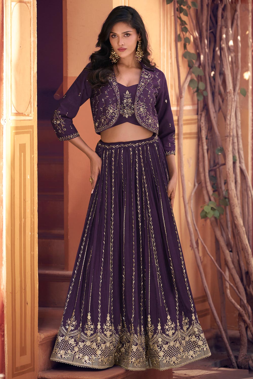 Violet Chinon Silk Embroide...