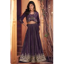 Violet Chinon Silk Embroidered Top &amp; Skirt Set With Jacket