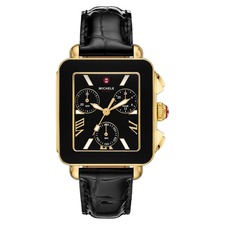 MICHELE Deco Sport Chronograph Leather Strap Watch, 36mm, Main, color, Black