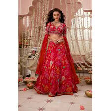Red Pink Multi Floral Printed &amp; Embroidered Organza Silk Indowestern Lehenga Set