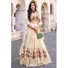 Deep Ivory Chinon Silk Printed &amp; Embroidered Indowestern Lehenga Set
