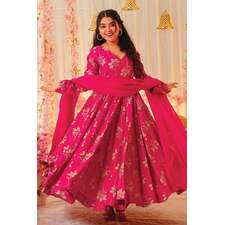Fuchsia Pink Viscose Silk Printed Anarkali Dress With Dupatta