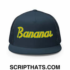 Bananas Baseball Classic Sports Script Embroidered Flat Bill Brim Mesh Trucker Hat