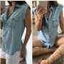 Summer Women Vintage Buttons Pockets Blouses Sexy Sleeveless Jeans Denim Blue Shirts