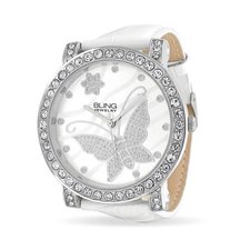 Bling Jewelry Womens CZ Flower Butterfly White Leather Steel Back Watch