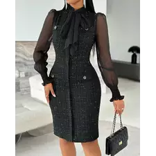 Elegant Tie Neck Mesh Patch Long Sleeve Midi Dress Frill Hem Shirred Fashion