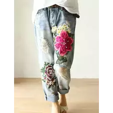 Ladies Elegant Jeans Casual Floral Embroidery Denim Loose Harem Pants