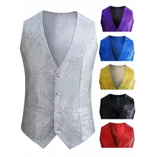 Men's Shiny Sequin Button Waistcoat Suit Vest Evening Wedding Party Glitter Sleeveless Slim Vests
