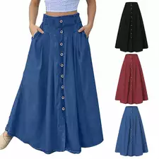 Skirt Casual Loose Solid Color A Line High Waist With Pocket Buttons Colorful Skirt