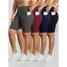 Solid Yoga Shorts with 3 Pockets High Waist Butt Lifting Elastic Cycling Shorts Activewear