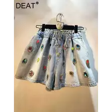 Women's Denim Shorts Colored Big Diamonds Drawstring Elastic Waist Wide Leg Short Pants