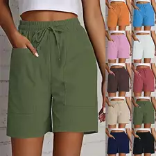 Summer New Women's Solid Color Pocket Loose High Waist Casual Fashion Quarter Shorts