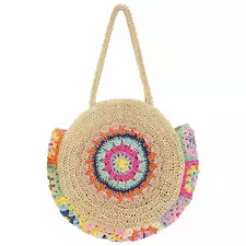 Woven Handbag Round Straw Woven Tote Bag Vacation Shoulder Bag Large Capacity