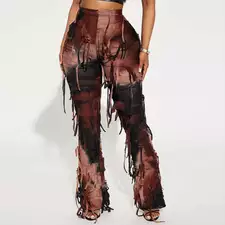 Tie Dye Printed High Waist Drawstring Tassel Flare Pants Stretch Legging Wide Leg
