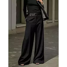 Black White Solid Color Wide Leg Pants Elastic High Waist Simple Trousers No Belt
