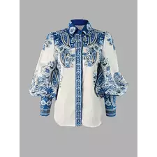 Blue Floral Printed Lapel Shirts For Women Long Puff Sleeves Urban Casual Elegant Blouse