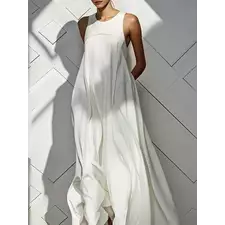 White Long Dress Summer Sleeveless Solid Color Round-Neck Pleated Elegant Evening Maxi Dress