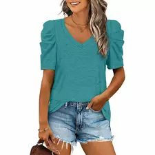 Women's Casual Summer Top Puff Short Sleeve Tee Shirt Cotton Pullover Blouse V-neck Solid Color Loose
