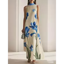 Blue Floral Printed Evening Maxi Dress Sleeveless Stand Collar Elegant Party A-line Long Dress