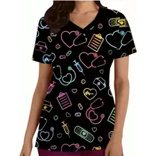 Surgical Uniforms Heart Printed V-Neck Nurses Tops Short Sleeve Patch Pocket Medical Surgical Uniforms Nursing