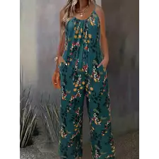 Plus-size floral print vacation style jumpsuit with pockets