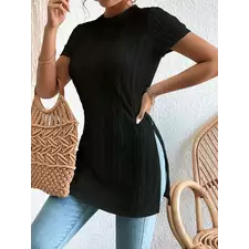 Simple Solid Color Pleated Top Short Sleeves Split-Side Urban Casual Daily T-Shirt