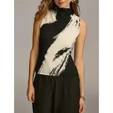 Sleeveless High Neck Vest Top Contrast Color Urban Casual Office Skinny T-shirts