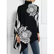 Asymmetric Floral Printed High Neck T-Shirt Long Batwing Sleeve Loose Casual