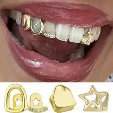 3PCS/Set Hollow Star Teeth Grillz Single Horizontal Bar Zircon Tooth Caps