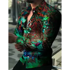 Men's Shirt Polo Button Shirt Casual Western Print Top Men's Cardigan Top