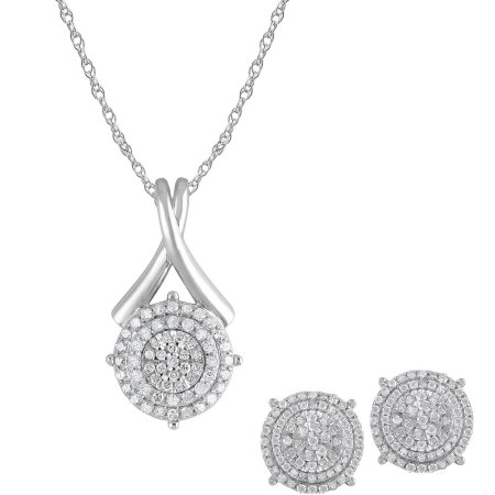 1 Carat T.W Diamond Sterling Silver Pendant and Earrings Box Set, 3 Piece