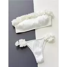 Lace Ruffle Strapless Backless Bikini Set White High Waist Swimwear