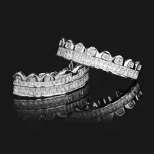 Baguette Teeth Grillz Set For Unisex Top Bottom Iced Out Cubic Zircon Stone Brass Material Hip Hop