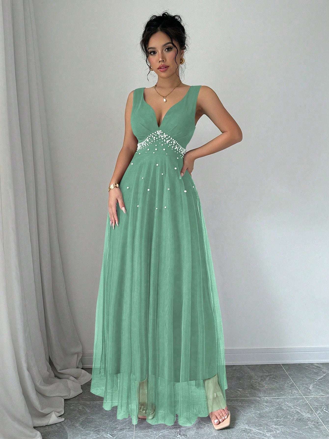 Elegant Belle Faux Pearl Beaded V-Neck Sleeveless Summer Maxi Dress
